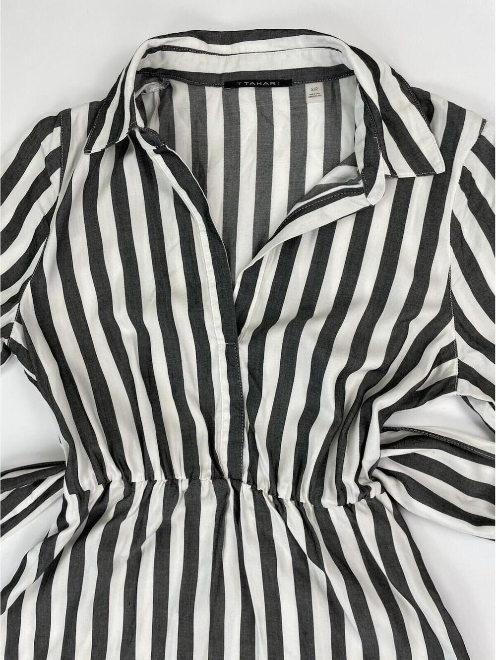 T Tahari Women's Charcoal Black White Striped Belted Shirtdress  Nautical SM - Picture 6 of 11